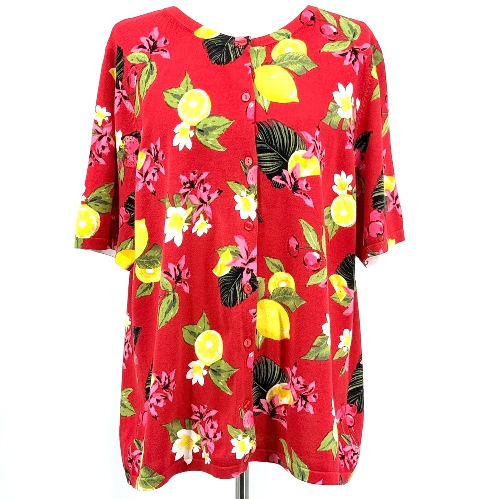 CJ Banks Womens Cardigan 1X Red Lemon Print Tropical Vacation Vibrant Resort